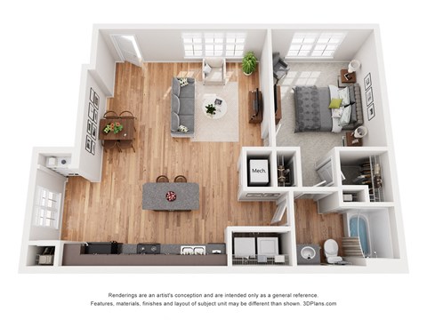 Floor plan for 1 bed, 1 bath, 816 sqft